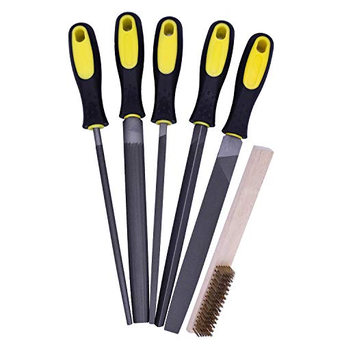 Fatmingo 8 inch High Carbon Steel Metal File Set Rubber Handles Flat Round Half Round Square Triangular Rasp Files for Metal, Woodwork, a Storage Pouch and a Cleaning Brush
