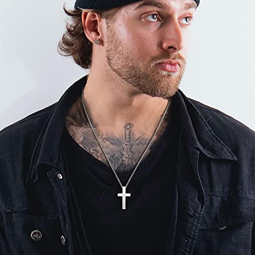 Cross Necklace Men Stainless Steel : TEMPBEAU Mini Christian Cross Pendant Steel Color Men\'s Women\'s Unisex Cross Necklace with 51cm Chain Jewelry Gift
