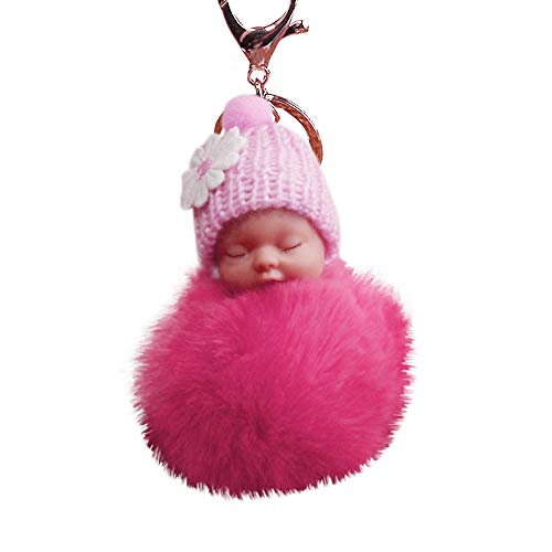 Sleeping Baby Plush Pompom Keychain,Crytech Cute Fluffy Fuzzy Slept Baby Doll Pom Pom Key Chain Handbag Pendant Charm Keyring Ring for Backpack Car Key Purse Cellphone Accessory (Watermelon Red)