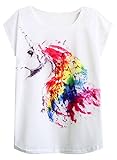 Futurino Women's Summer Colorful Bow Tie Unicorn Print Short Sleeve T-shirt Tops (M, Rainbow Feather)