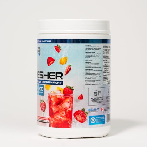 Believe Supplements Protein Refresher (25 servings) - Revolutionary Juice-Type Whey Protein Powder Alternative for Fitness, Bodybuilding, Gym, or for bigger protein intake - Enjoy with Ice or Chilled Water for Superior Taste (25 servings, Strawberry Lemonade)