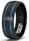 Mens Wedding Band 8mm Black Tungsten Ring Brushed Matte Double Groove Blue Inlay Dome Comfort Fit