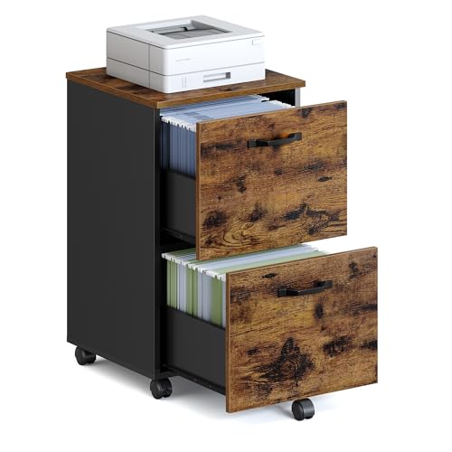 VASAGLE OFC040B01 Schubladenbox mit 2 Schubladen auf Rollen, Mobile Schreibtischaufbewahrung, fuer Dokumente, A4-Format, Haengeordner, industrieller Stil, rustikales Braun und Schwarz