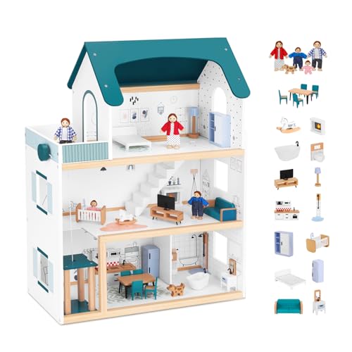 OOOK Wooden Dollhouse with Elevator, Large Doll House for Girls from 3 Years, Includes 21 Furniture, 4 Family Dolls and a Dog
