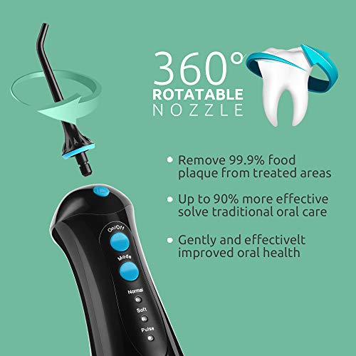 Water Flosser Cordless Dental Oral Irrigator, Cozzine 300ML Professional Portable Rechargeable Water Flossing for Trave & Home, IPX7 Waterproof 3 Modes Teeth Cleaner with 4 Jet Tips, Black - Thumbnail 2