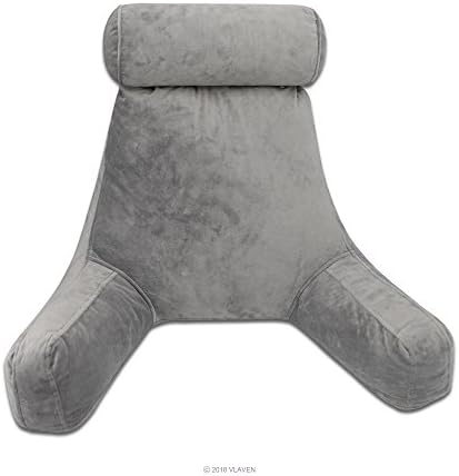 Reading Pillow with Arms &amp; Neck Pillow - Grey, Shredded Memory Foam Blend Fill, Comfort, Firm Support and Backrest for Adult, Teen and Kid, Sitting Pillow, Bedrest Pillow, Soft Velour Cover, 2018 New