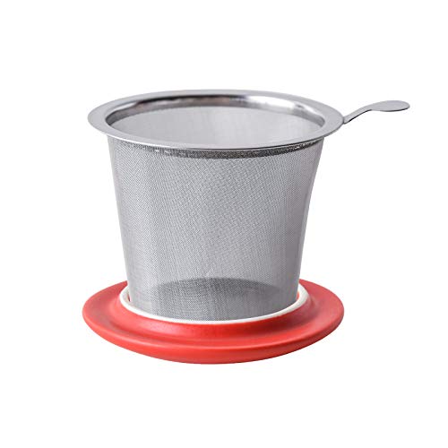Yundu 12oz Matte Red Ceramic Tea Mug with Infuser and Lid, Steeping Lid Cup Stainless Steel Infuser for Loose Leaf Tea, Home Office Gift for Lovers