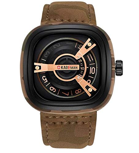 Kademan Brown Milliary Camo Business Casual Waterproof Leather Strap Unique Display Square Dial Watch for Men and Boys