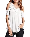 ZANZEA Ladies Off Shoulder Lace Crochet Hollow Long Sleeve Loose Blouse Tops (10, Short Sleeve White)