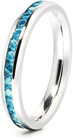 3mm Princess Cut Ladies Eternity Titanium Ring Engagement Wedding Band with Blue CZ Inlay(8.5)