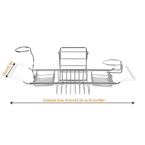 GTHUNDER Bath Tub Caddy Over Bathtub Tray Stainless Steel Racks Organizer with Extending Bars, Wine Glass and Universal Cup Holder, Book Rack (Update)