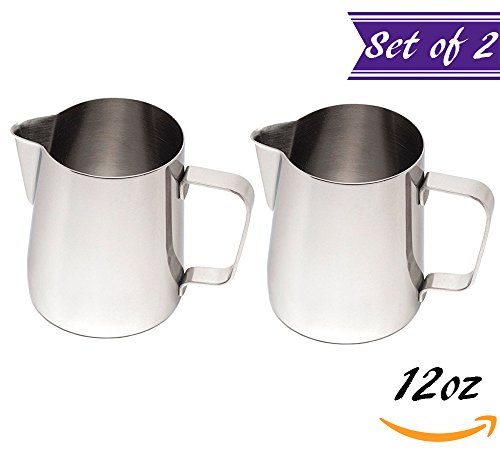 Click Here to See More Images (Set of 2) 12-Ounce Milk Frothing Pitcher, Small Milk Frother Pitcher by Tezzorio, Stainless Steel Milk Steaming Frothing Pitchers for Espresso Machines, Milk Frother / Latte Art