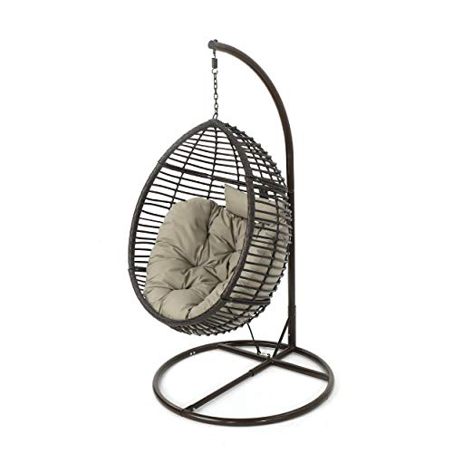 GDF Studio Leasa Outdoor Multibrown Wicker Hanging Basket Chair with Khaki Water Resistant Cushions and Brown Iron Base