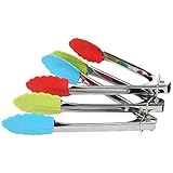 Trenton Gifts Set Of 3 Stainless Steel Food Tongs, Mini Tongs With Silicone Tips For BBQ, Salad, Grilling, Frying And Cooking. Red, Green And Blue