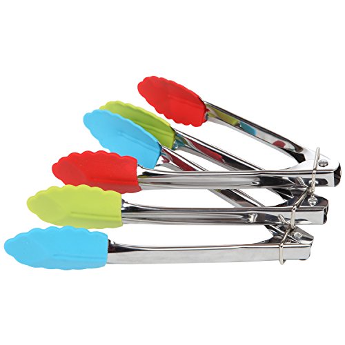 Trenton Gifts Set Of 3 Stainless Steel Food Tongs, Mini Tongs With Silicone Tips For BBQ, Salad, Grilling, Frying And Cooking. Red, Green And Blue