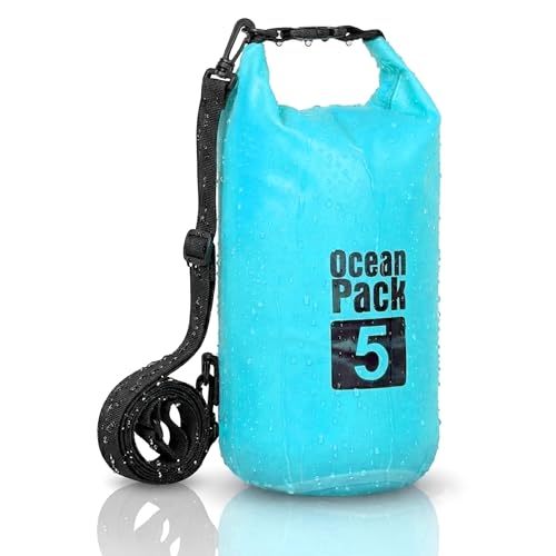 Dry Bag, Waterproof Backpack, Roll Closure and Shoulder Strap, Waterproof Mobile Phone Bag and Waist Bag for Sea Boat Fishing Rafting Beach Water Sports (Light Blue, 5L)
