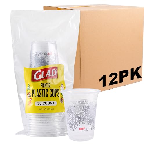 Glad Everyday Clear Plastic Cups with Holiday Snowflake Design, Strong and Stur…