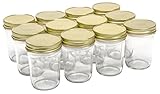 North Mountain Supply 8 Ounce Glass Regular Mouth Tapered Mason Canning Jars - With Gold Safety Button Lids - Case of 12