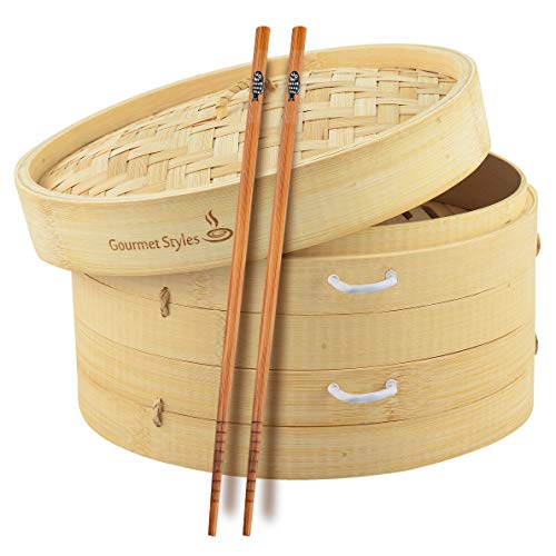 Gourmet Styles | Traditional Handmade Natural Bamboo Steamer Basket 10 inch, 2 Baskets, Side Handles, Wax Liners & Chopsticks | 2 Tier Food Pot Basket Cooker for Vegetables, Meat, Dumplings, Dim Sum Gourmet Styles | Traditional Handmade Natural Bamboo Steamer Basket 10 inch, 2 Baskets, Side Handles, Wax Liners & Chopsticks | 2 Tier Food Pot Basket Cooker for Vegetables, Meat, Dumplings, Dim Sum