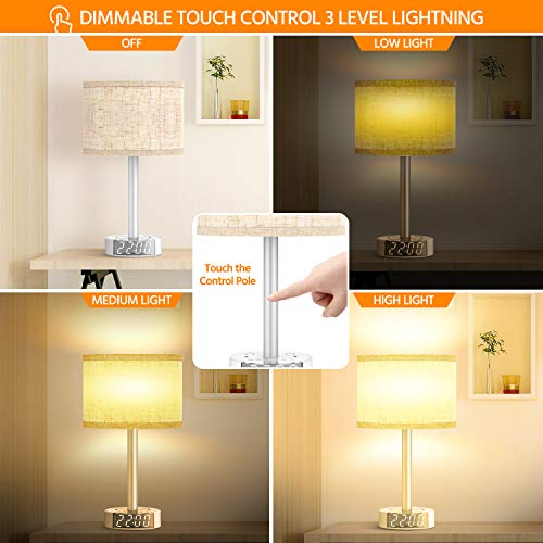 Table Lamp with Alarm Clock, Touch Control Bedside Lamp with 2 AC Outlets & 2 USB Ports, Alarm Clock Charging Base, 6Ft Power Cord, 3 Level Brightness Modern Nightstand Lamps for Home Bedroom Dorm