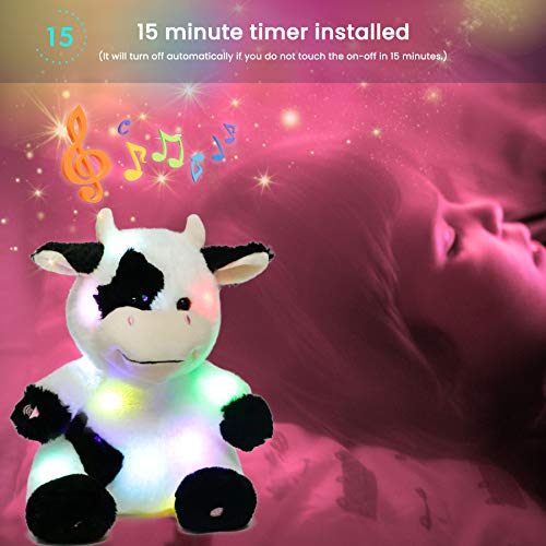 Hopearl LED Musical Stuffed Cow Light up Singing Plush Toy Adjustable
