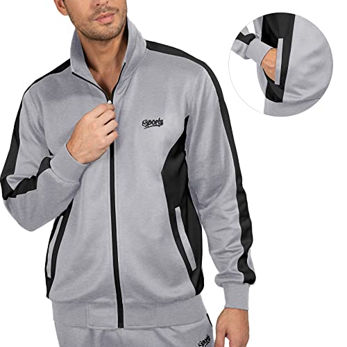 Men’s Sports Athletic Tracksuit with Set 2 Piece Full Zip Sweatsuit Grey Large