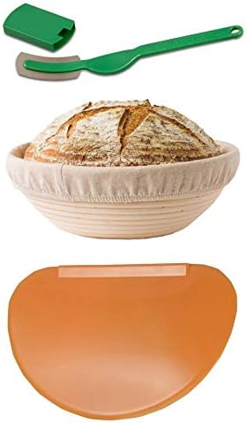 Banneton Proofing Basket 8.5" Round with Brotform Cloth Liner for Starter Rising Dough Flexible Bowl Scraper for Shaping Sourdough Loaf & Bread Lame