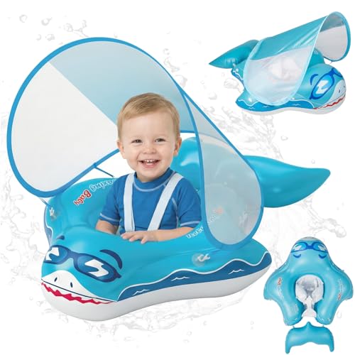 Bouee Bebe avec Parasol UPF 50+ Ninonly Bouée Bébé avec Pare Soleil Design Requin Bouee Piscine Bebe Anti-Bascule, Flotteur Bébé Gonflable Sécurisé pour Enfants 12-36 Mois pour Plage et Bain