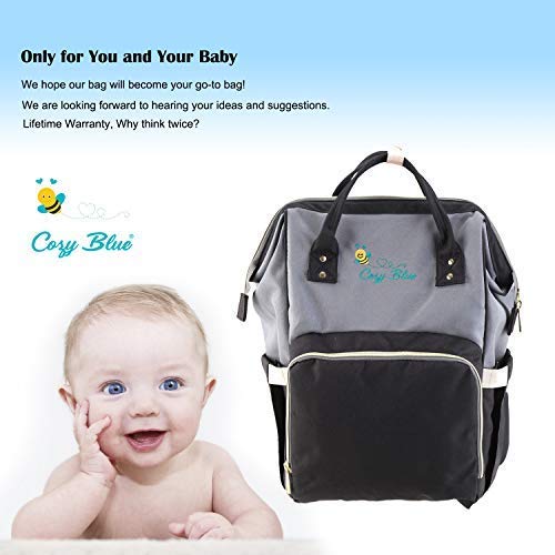 Baby Bag Backpack Waterproof Large Capacity Insulation Travel Back Pack Nappy Bags Organizer, Multi-Function, Fashion and Durable (Grey/Black)