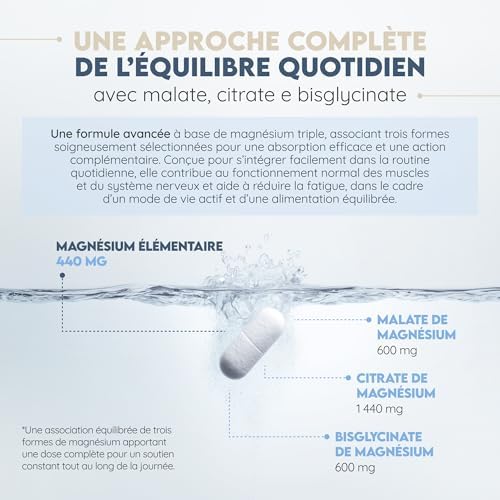 Triple Magnésium Bysglicinate, Citrate de Magnesium et Magnesium Malate. 180 comprimés (6 mois) Multiples Bienfaits: Digestion, Muscles, Nerveux. Anti Stress et Fatigue. 220 mg. N2 Natural Nutrition