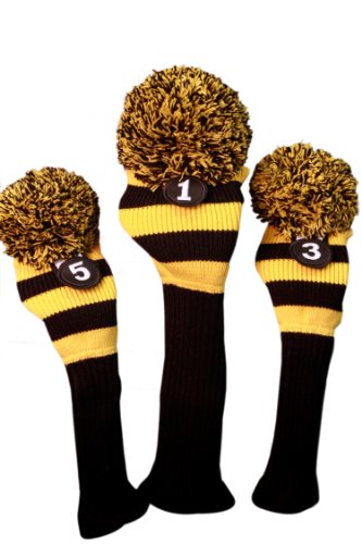 Majek Golf Club Head Covers Black and Yellow Limited Edition Throwback Long Neck Knit Retro Pom Pom Traditional Classic Vintage Old School Ultimate 460cc Driver Fairway Wood Golf Head Cover Stripe Set - Thumbnail 4
