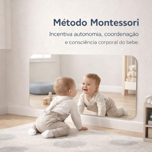 Espelho Acrílico Montessoriano para Bebê 100x50 cm Sem Moldura com Cantos Arredondados, Fixação com Fita Dupla Face, para Quarto Infantil e Brinquedoteca