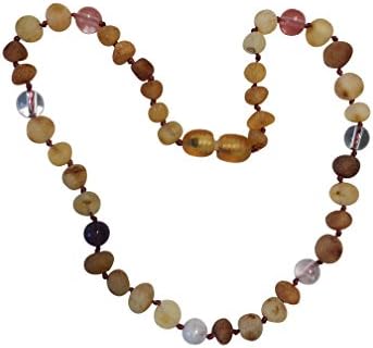 Certified Baltic Amber and Gemstone Necklace By UMAI - Pain Relief From Teething - Unisex- Safely Knotted Beads (Raw Honey and Pink Gemstones)