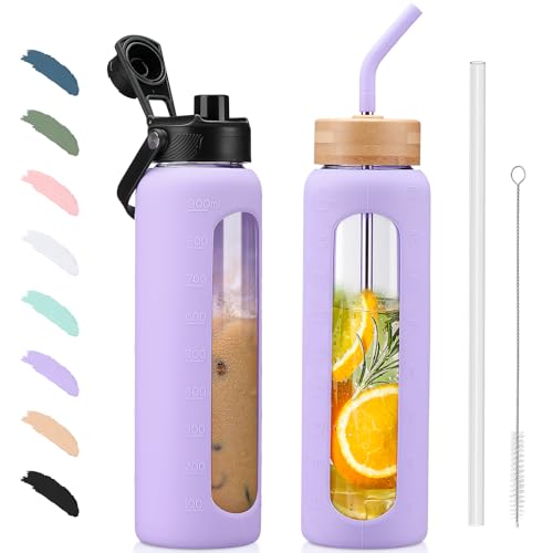 BLUEGO Trinkflasche Glas 900ml Sport Wasserflasche mit 2 Deckeln und Strohhalm Auslaufsichere Glasflasche mit Zeitmarkierung und Messskala BPA frei, V