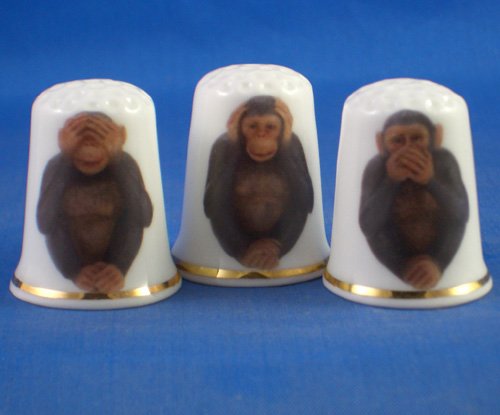 Porcelain China Collectable Thimbles - Set of Three Hear no Evil , See no Evil