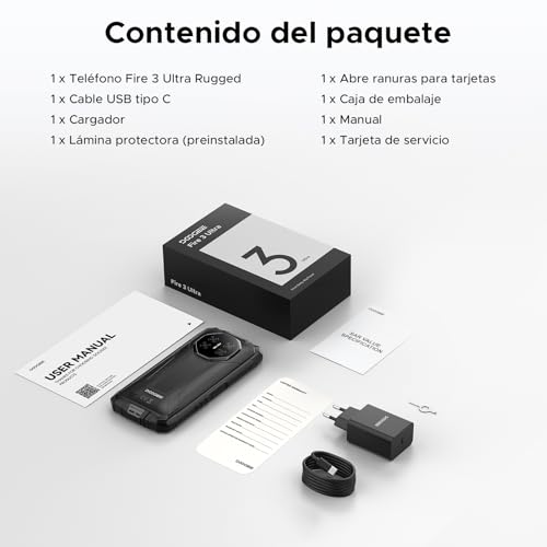 DOOGEERugged FIRE3ULTRA Movil Irrompible Android 15, 5.5" HD+ 8350mAh Batería Móvil Rugerizado, 24GB+256GB/2TB Octa-Core T7200, 16MP+8MP, IP68/Face ID/Huella/OTG/NFC/Dual SIM 4G Móvil Resistente