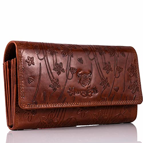 MATADOR Genuine Leather Women's Wallet TÜV Tested RFID Protection Women's Wallet Slim Design, Printed brown, 18 x 9.5 x 3 CM, Classic