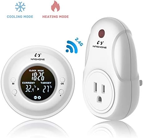Nashone Digital Wireless Temperature Controller, Built in Temp Sensor Electric Thermostat Socket 3 Prong Plug LCD Display Outlet Heating Cooling Mode