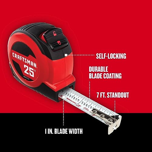 CRAFTSMAN 25Ft Tape Measure With Fraction Markings, Retractable, Self