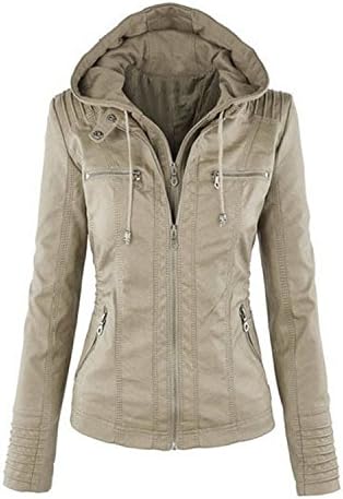 Jiushiaini Womens New Detachable Hat Autumn Winter Leather Slim Jacket Hoodie Hooded Zip-up Pockets Outerwear Coats Q4326 Beige 7XL