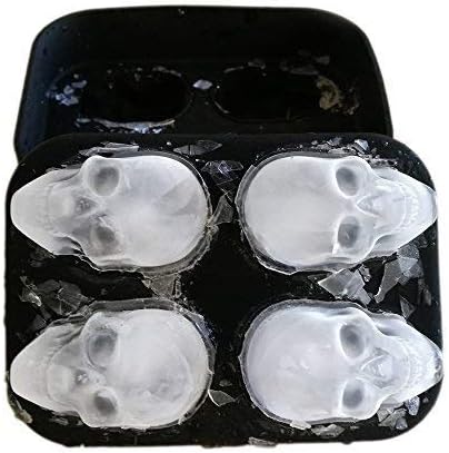 WllRun 3D Skull Silicone Ice Cube Mold Tray, Vivid Skull Mould, Four Giant Cavities, Cube Maker in Shapes for Juice, Jelly, Chocolate, Whiskey Ice, Cocktails, Cola, BLACK