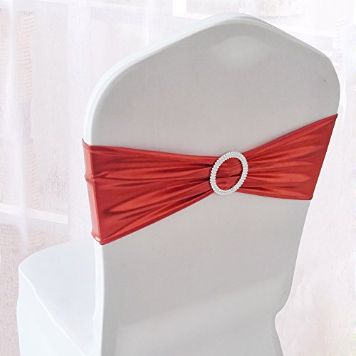 50PCS Spandex Chair Sashes Bows Elastic Chair Bands With Buckle Slider Sashes Bows For Wedding Decorations (Metallic Red)