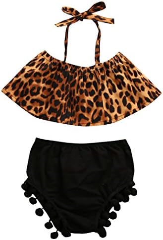 Genuisbaby Newborn Baby Girls Halter Leopard Tops Bikini with Pompon Bottom Sunsuit (80)