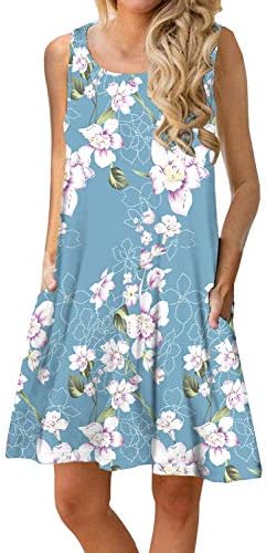 PrinStory Women Summer Floral Print Casual T Shirt Dresses Beach Cover Up Plain Pleated Tank Dress
