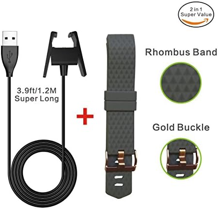 Fitbit Charge 2 Extra Long Wire Charger Cable 3.9ft/1.2M+Fitness Fitbit Wristband Gold Clasp Soft Diamond Bands,Gray Large