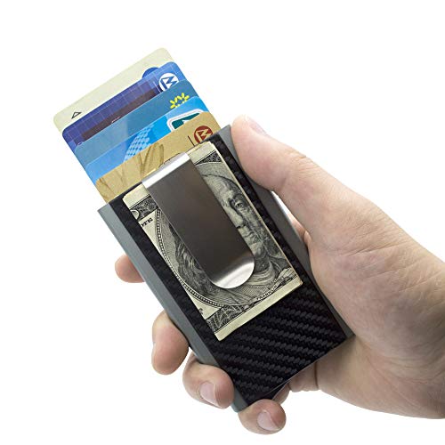 MOSIYEEF Aluminum RFID Blocking Automatic Pop-Up Imitation Carbon Fiber Slim Wallet Money Clip ID Card Business Card Master Card Credit Card Case Holder Front Pocket Compact Push-Up Wallet,gray