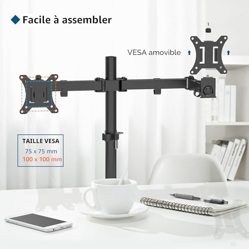 BONTEC 2 Screen PC Monitor Stand for 13-32 Inch Monitors, Height Adjustable PC Monitor Arm, Rotatable and Swivel, Tilt, Maximum Load of 10 kg per arm, 2 Mounting Options, VESA 75/100