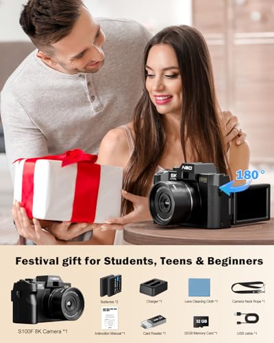 NBD 8K Digital Cameras for Photography,64MP Camara Fotograficas,Travel Vlogging Cameras for YouTube with 180°Flip Screen,16X Digital Zoom,52mm Macro Lens,2 Batteries,32GB TF Card (Black)