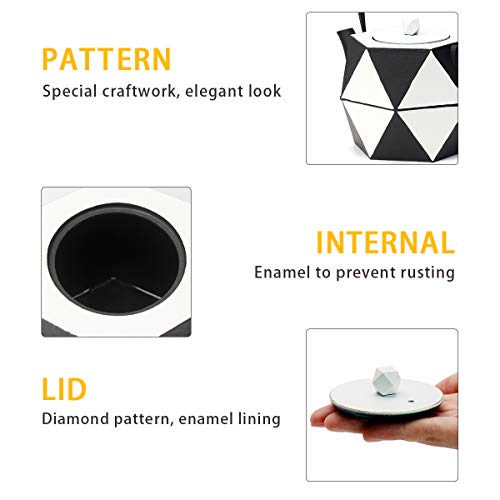 Tea Kettle, TOPTIER Japanese Cast Iron Teapot with Stainless Steel Infuser, Cast Iron Tea Kettle Stovetop Safe, Diamond Design Teapot Coated with Enameled Interior for 30 oz (900 ml), Black and White - Thumbnail 2