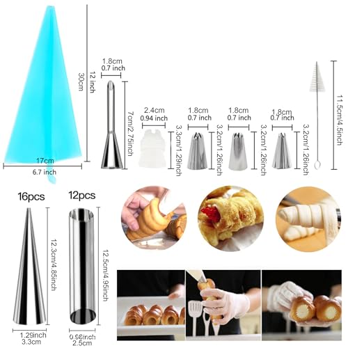 VolksRose Set of 35 Cream Horn Mold, Cannoli Forms Tubes Kit, Stainless Steel 16pcs Cone Shaped and 12pcs Tubular Shaped Baking Molds for Danish Pastry Lady Lock Form Cream Roll Croissant